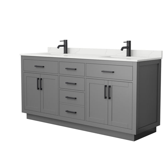 Wyndham Collection Beckett TK 72" Double Bathroom Vanity With Toe Kick in Dark Gray, Giotto Quartz Countertop, Undermount Square Sinks (1-Hole), Matte Black Trim