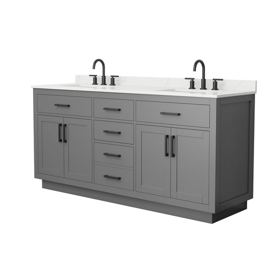 Wyndham Collection Beckett TK 72" Double Bathroom Vanity With Toe Kick in Dark Gray, Giotto Quartz Countertop, Undermount Square Sinks (3-Hole), Matte Black Trim
