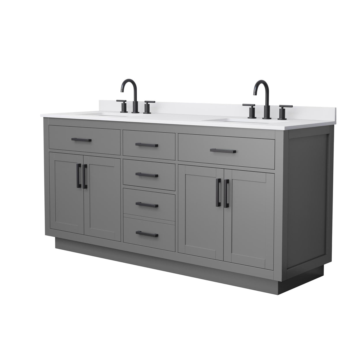 Wyndham Collection Beckett TK 72" Double Bathroom Vanity With Toe Kick in Dark Gray, White Cultured Marble Countertop, Undermount Square Sinks (3-Hole), Matte Black Trim