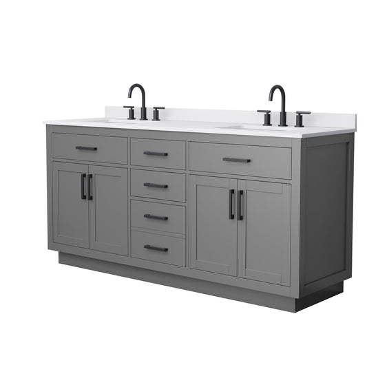 Wyndham Collection Beckett TK 72" Double Bathroom Vanity With Toe Kick in Dark Gray, White Cultured Marble Countertop, Undermount Square Sinks (3-Hole), Matte Black Trim