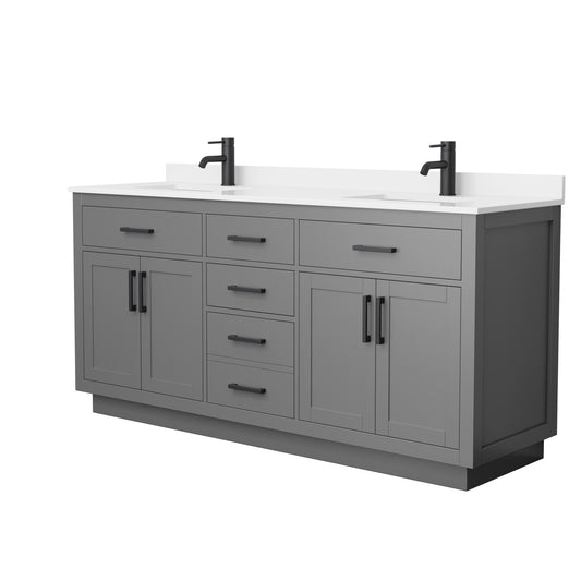 Wyndham Collection Beckett TK 72" Double Bathroom Vanity With Toe Kick in Dark Gray, White Quartz Countertop, Undermount Square Sinks (1-Hole), Matte Black Trim