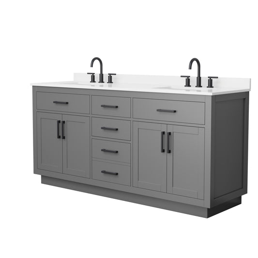Wyndham Collection Beckett TK 72" Double Bathroom Vanity With Toe Kick in Dark Gray, White Quartz Countertop, Undermount Square Sinks (3-Hole), Matte Black Trim