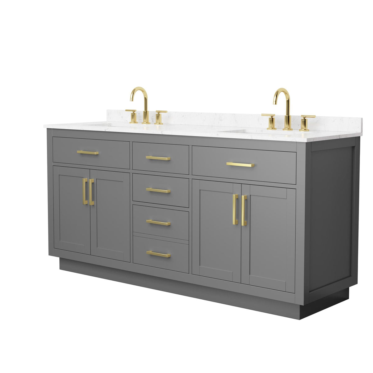 Wyndham Collection Beckett TK 72" Double Bathroom Vanity With Toe Kick in Dark Gray, Carrara Cultured Marble Countertop, Undermount Square Sinks (3-Hole), Brushed Gold Trim