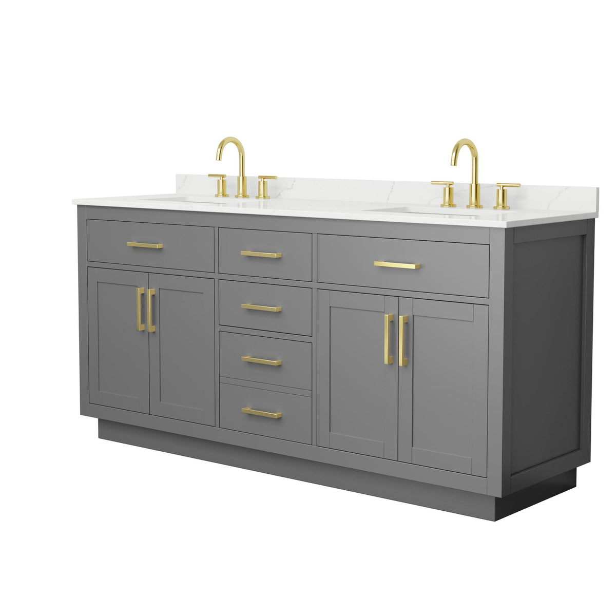 Wyndham Collection Beckett TK 72" Double Bathroom Vanity With Toe Kick in Dark Gray, Giotto Quartz Countertop, Undermount Square Sinks (3-Hole), Brushed Gold Trim