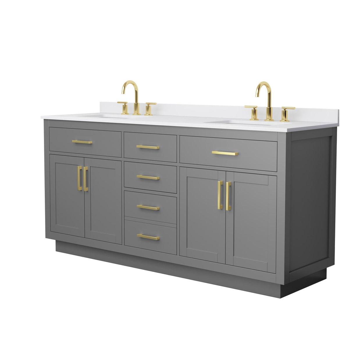 Wyndham Collection Beckett TK 72" Double Bathroom Vanity With Toe Kick in Dark Gray, White Cultured Marble Countertop, Undermount Square Sinks (3-Hole), Brushed Gold Trim