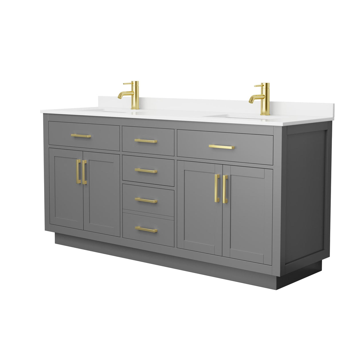 Wyndham Collection Beckett TK 72" Double Bathroom Vanity With Toe Kick in Dark Gray, White Quartz Countertop, Undermount Square Sinks (1-Hole), Brushed Gold Trim