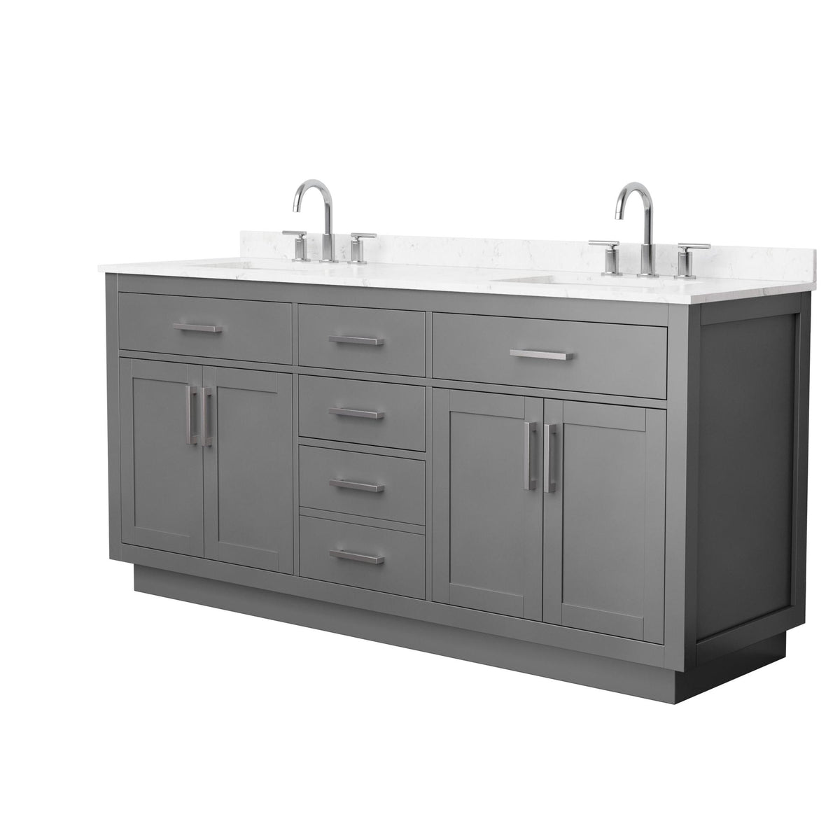 Wyndham Collection Beckett TK 72" Double Bathroom Vanity With Toe Kick in Dark Gray, Carrara Cultured Marble Countertop, Undermount Square Sinks (3-Hole), Brushed Nickel Trim