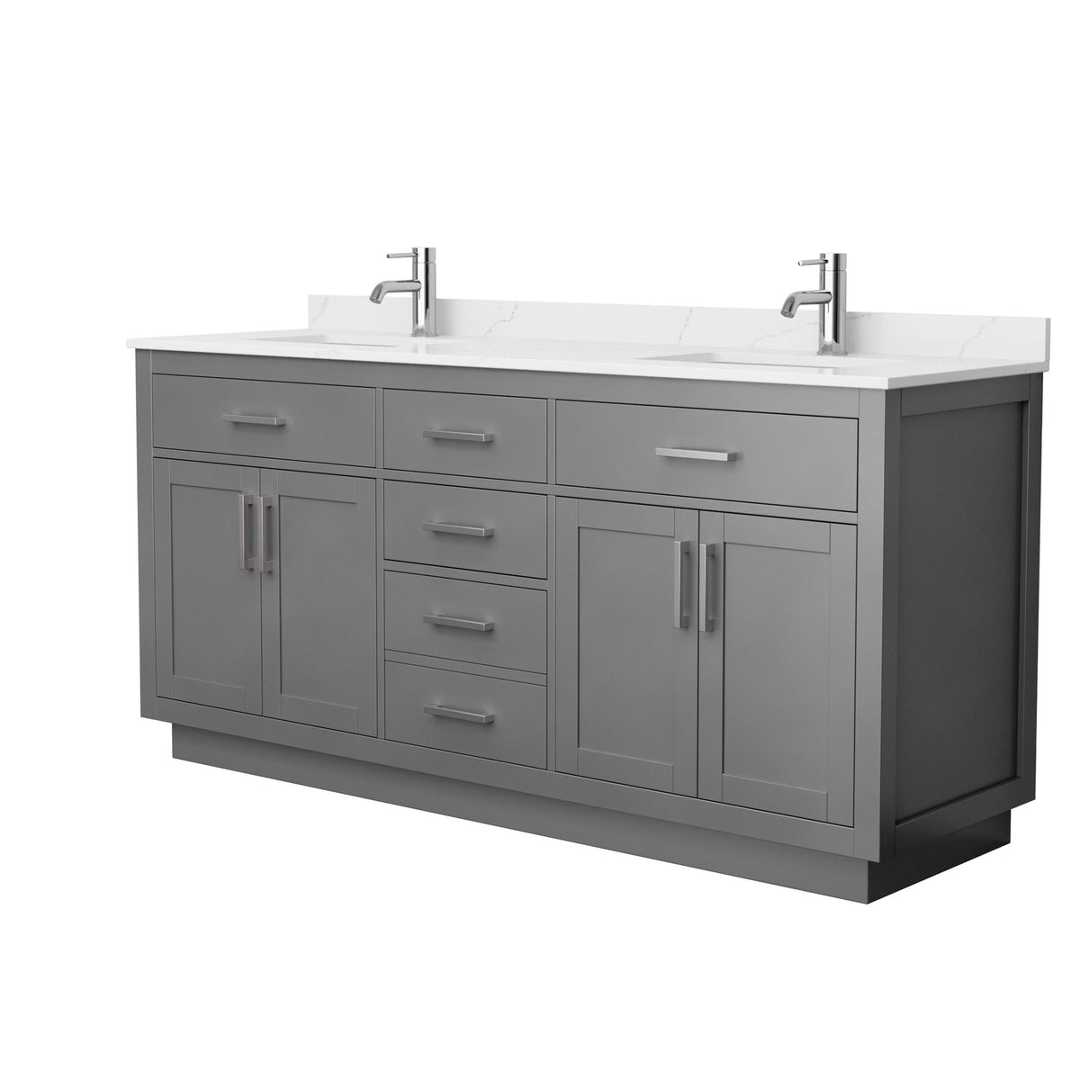 Wyndham Collection Beckett TK 72" Double Bathroom Vanity With Toe Kick in Dark Gray, Giotto Quartz Countertop, Undermount Square Sinks (1-Hole), Brushed Nickel Trim