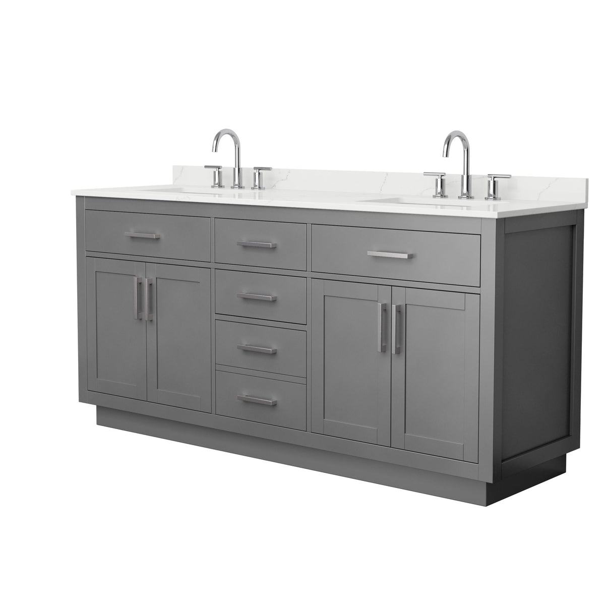 Wyndham Collection Beckett TK 72" Double Bathroom Vanity With Toe Kick in Dark Gray, Giotto Quartz Countertop, Undermount Square Sinks (3-Hole), Brushed Nickel Trim