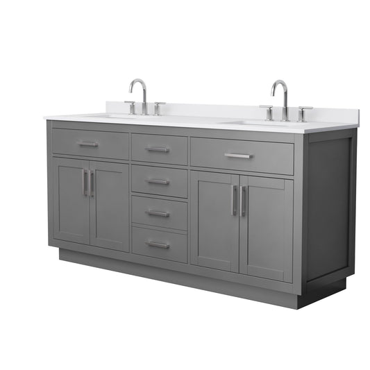 Wyndham Collection Beckett TK 72" Double Bathroom Vanity With Toe Kick in Dark Gray, White Cultured Marble Countertop, Undermount Square Sinks (3-Hole), Brushed Nickel Trim