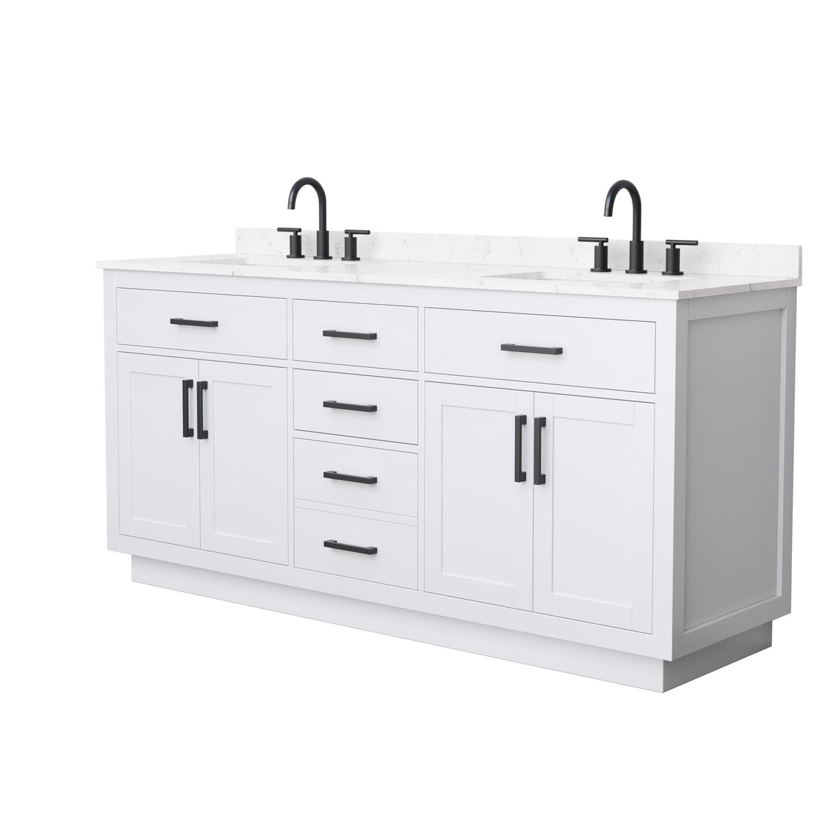 Wyndham Collection Beckett TK 72" Double Bathroom Vanity With Toe Kick in White, Carrara Cultured Marble Countertop, Undermount Square Sinks (3-Hole), Matte Black Trim