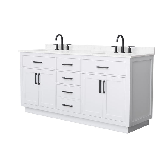 Wyndham Collection Beckett TK 72" Double Bathroom Vanity With Toe Kick in White, Carrara Cultured Marble Countertop, Undermount Square Sinks (3-Hole), Matte Black Trim