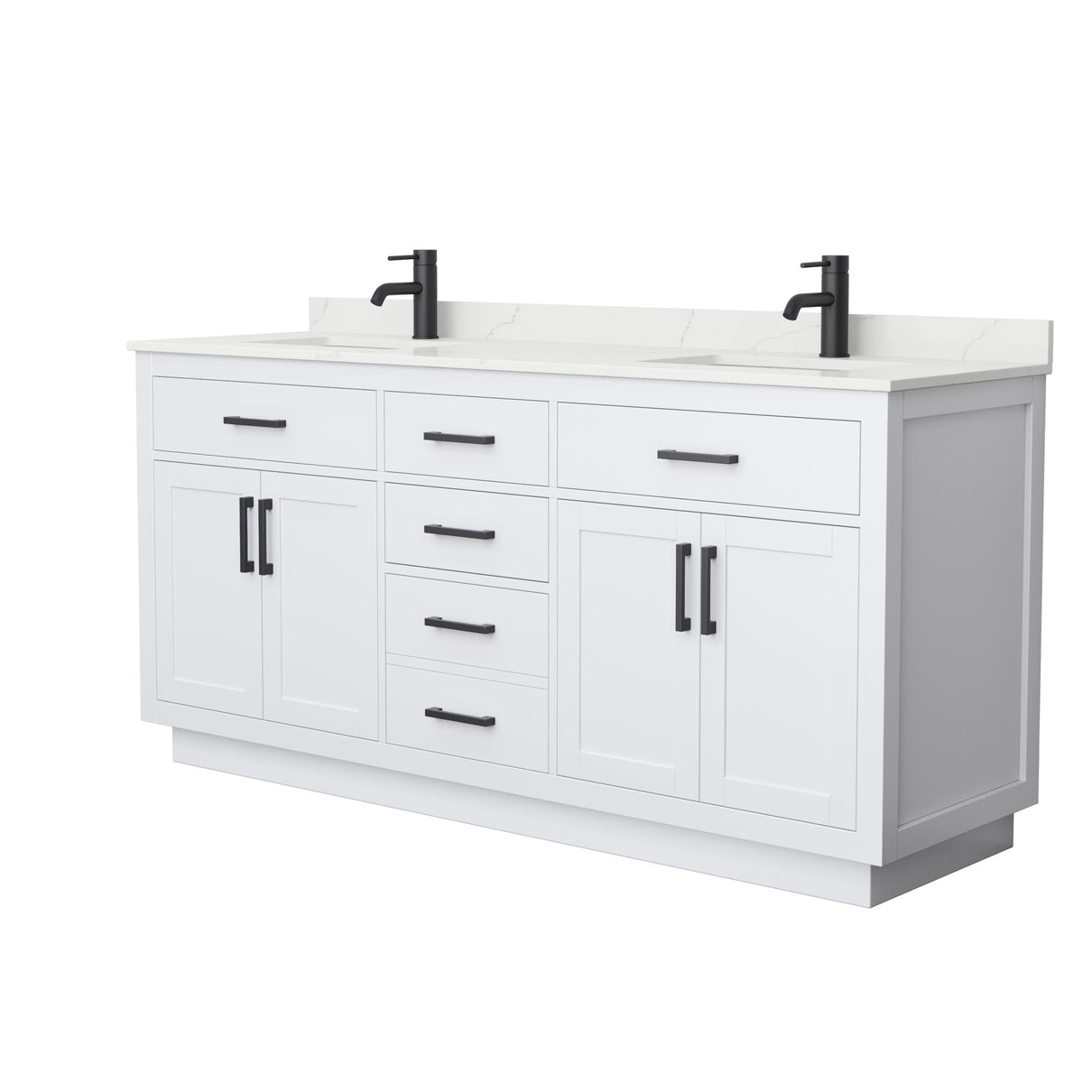 Wyndham Collection Beckett TK 72" Double Bathroom Vanity With Toe Kick in White, Giotto Quartz Countertop, Undermount Square Sinks (1-Hole), Matte Black Trim