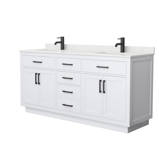 Wyndham Collection Beckett TK 72" Double Bathroom Vanity With Toe Kick in White, Giotto Quartz Countertop, Undermount Square Sinks (1-Hole), Matte Black Trim