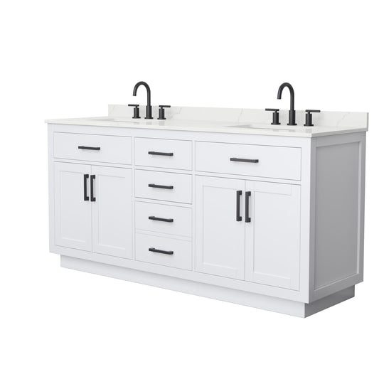 Wyndham Collection Beckett TK 72" Double Bathroom Vanity With Toe Kick in White, Giotto Quartz Countertop, Undermount Square Sinks (3-Hole), Matte Black Trim