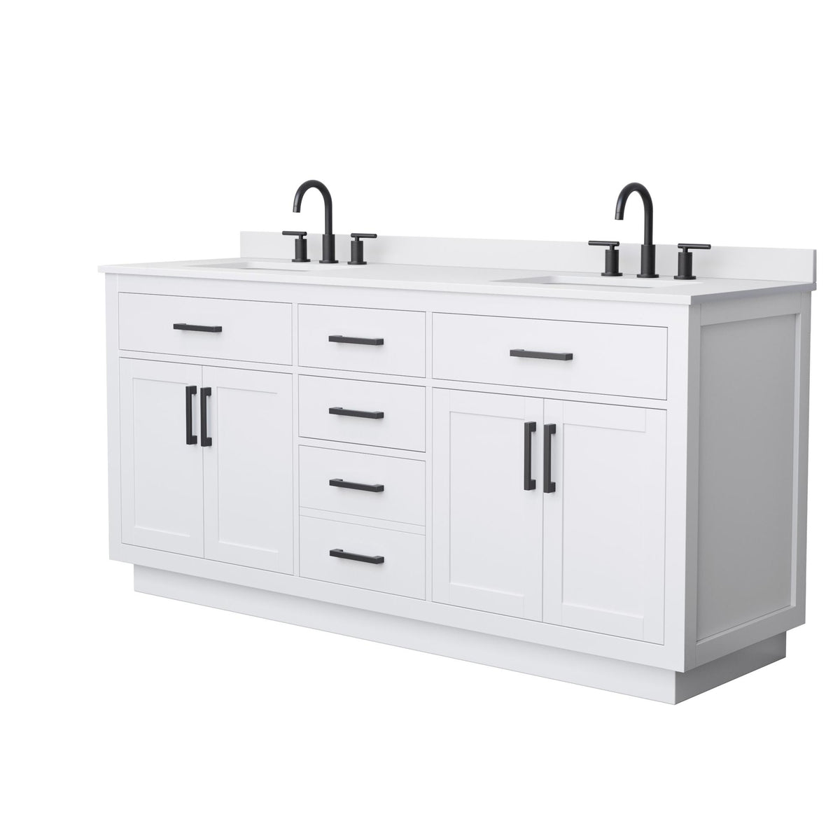 Wyndham Collection Beckett TK 72" Double Bathroom Vanity With Toe Kick in White, White Cultured Marble Countertop, Undermount Square Sinks (3-Hole), Matte Black Trim