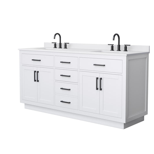 Wyndham Collection Beckett TK 72" Double Bathroom Vanity With Toe Kick in White, White Cultured Marble Countertop, Undermount Square Sinks (3-Hole), Matte Black Trim