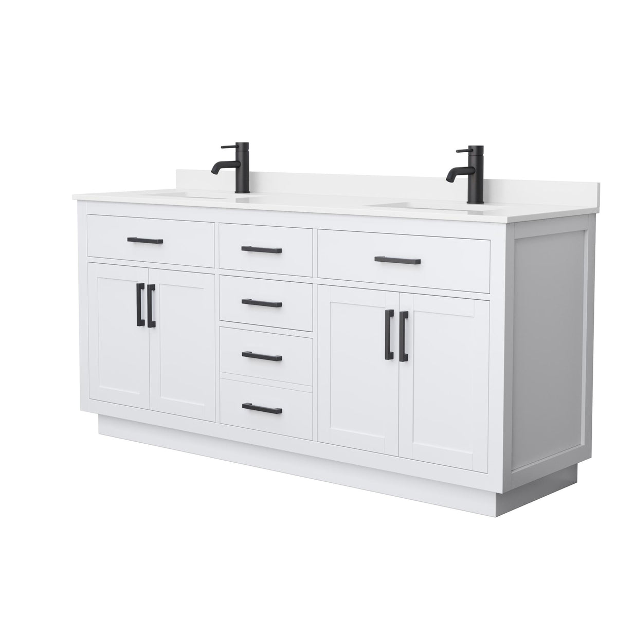 Wyndham Collection Beckett TK 72" Double Bathroom Vanity With Toe Kick in White, White Quartz Countertop, Undermount Square Sinks (1-Hole), Matte Black Trim