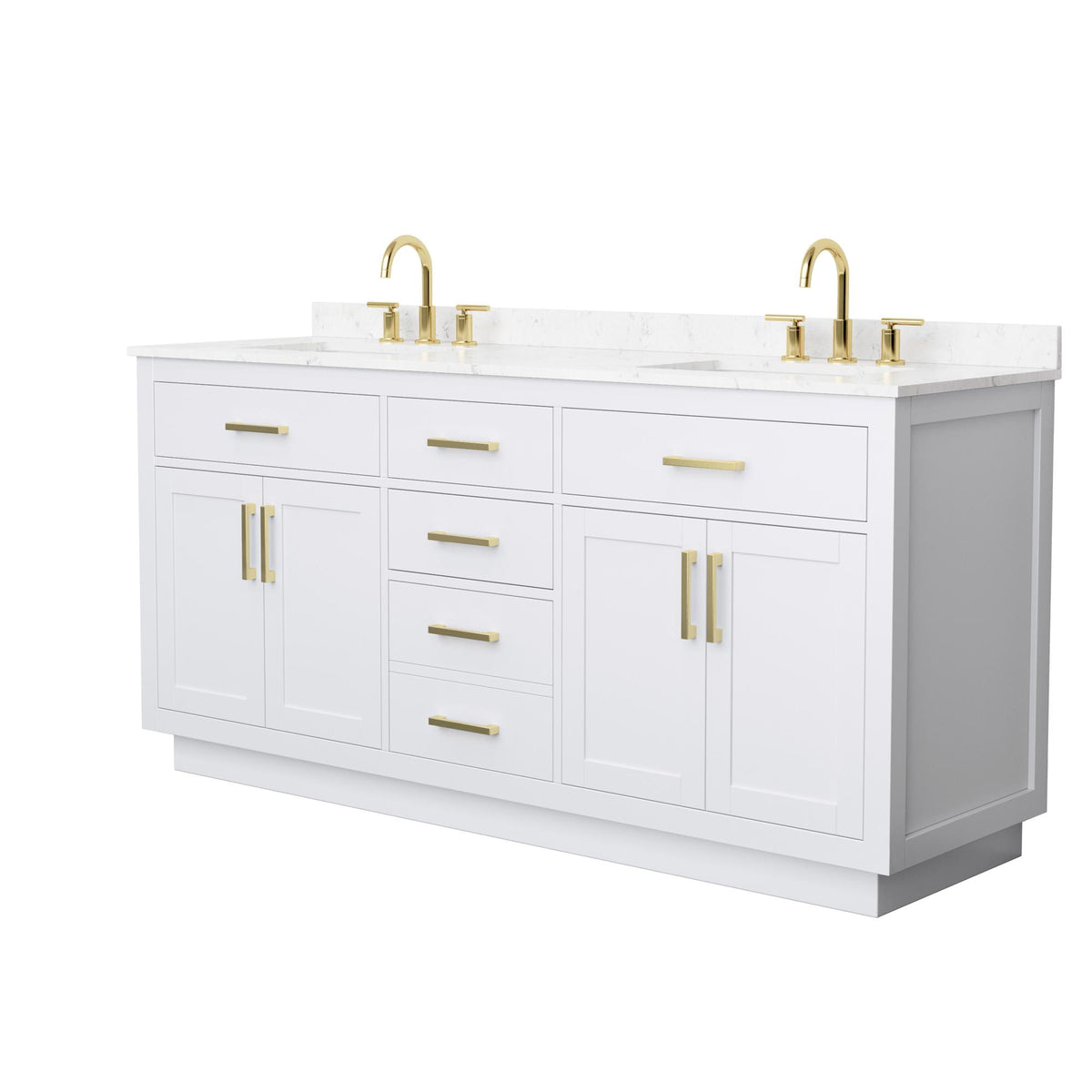 Wyndham Collection Beckett TK 72" Double Bathroom Vanity With Toe Kick in White, Carrara Cultured Marble Countertop, Undermount Square Sinks (3-Hole), Brushed Gold Trim