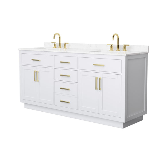 Wyndham Collection Beckett TK 72" Double Bathroom Vanity With Toe Kick in White, Carrara Cultured Marble Countertop, Undermount Square Sinks (3-Hole), Brushed Gold Trim