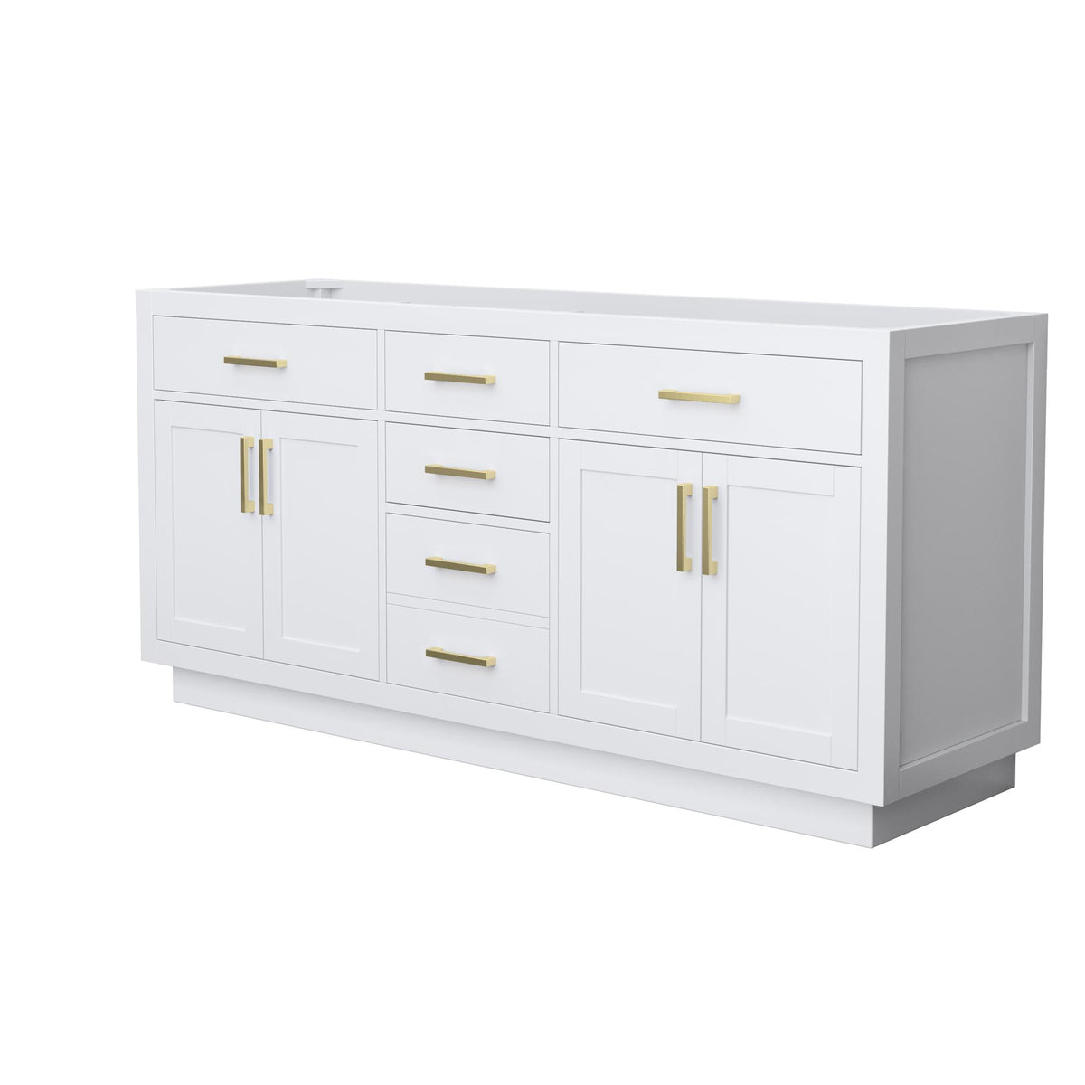 Wyndham Collection Beckett TK 72" Double Bathroom Vanity With Toe Kick in White, No Countertop, No Sinks, Brushed Gold Trim