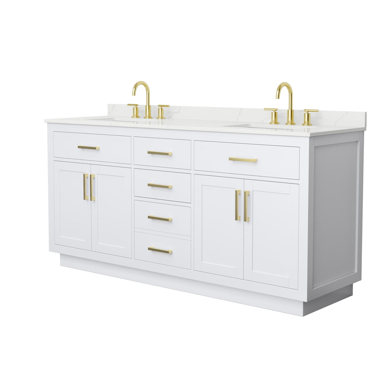 Wyndham Collection Beckett TK 72" Double Bathroom Vanity With Toe Kick in White, Giotto Quartz Countertop, Undermount Square Sinks (3-Hole), Brushed Gold Trim