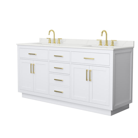 Wyndham Collection Beckett TK 72" Double Bathroom Vanity With Toe Kick in White, Giotto Quartz Countertop, Undermount Square Sinks (3-Hole), Brushed Gold Trim