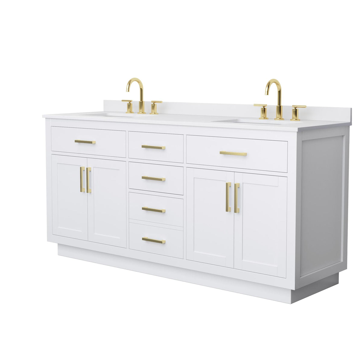 Wyndham Collection Beckett TK 72" Double Bathroom Vanity With Toe Kick in White, White Cultured Marble Countertop, Undermount Square Sinks (3-Hole), Brushed Gold Trim