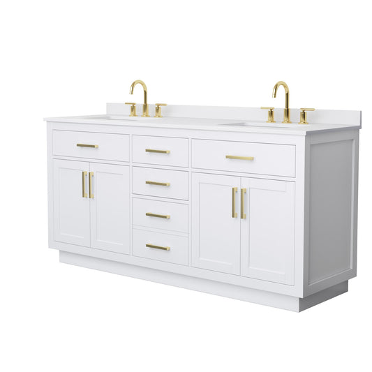 Wyndham Collection Beckett TK 72" Double Bathroom Vanity With Toe Kick in White, White Cultured Marble Countertop, Undermount Square Sinks (3-Hole), Brushed Gold Trim
