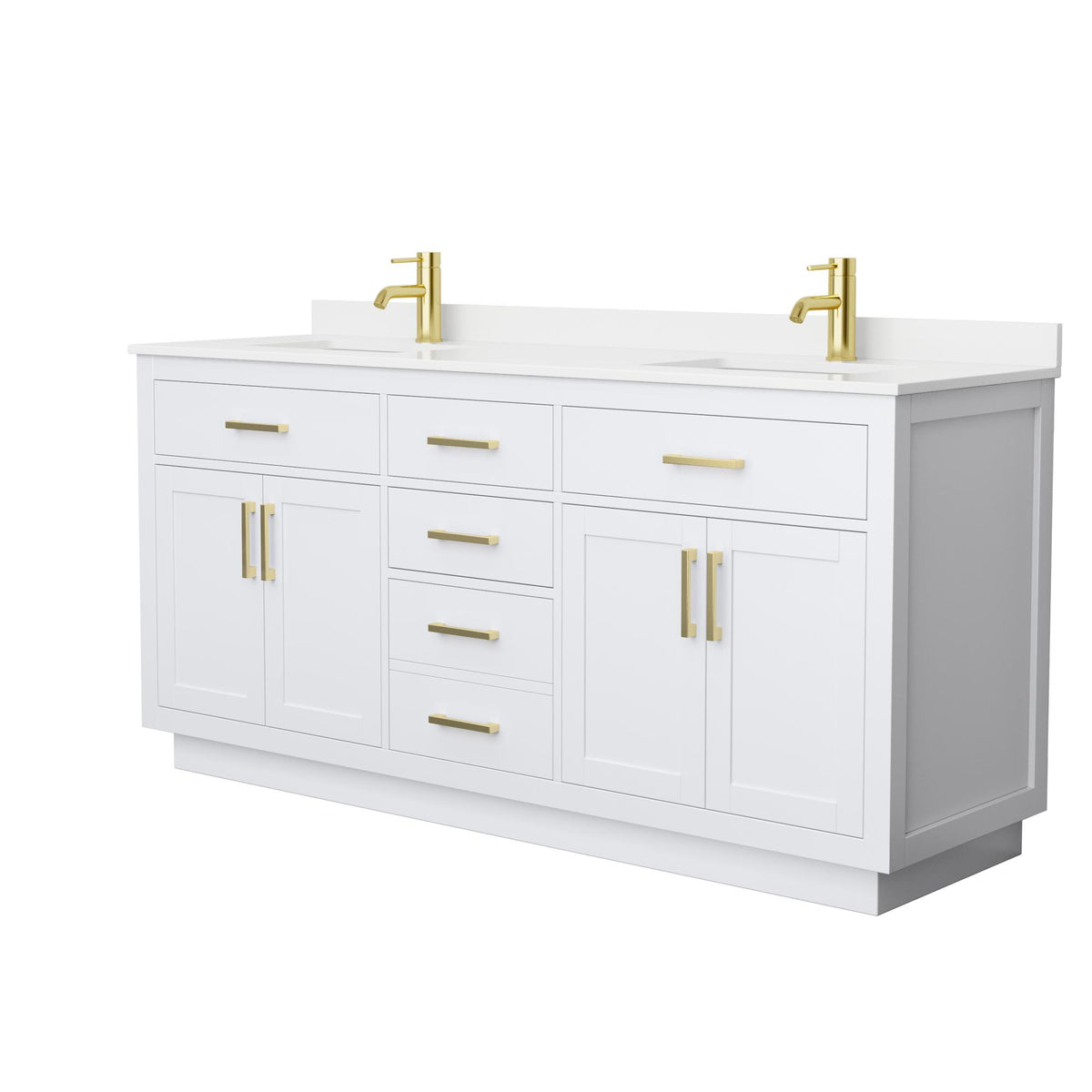 Wyndham Collection Beckett TK 72" Double Bathroom Vanity With Toe Kick in White, White Quartz Countertop, Undermount Square Sinks (1-Hole), Brushed Gold Trim
