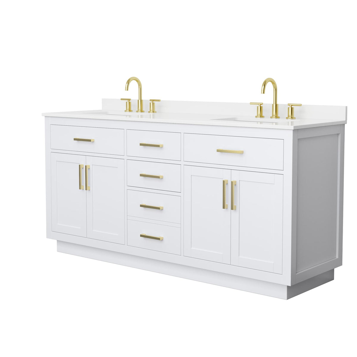 Wyndham Collection Beckett TK 72" Double Bathroom Vanity With Toe Kick in White, White Quartz Countertop, Undermount Square Sinks (3-Hole), Brushed Gold Trim