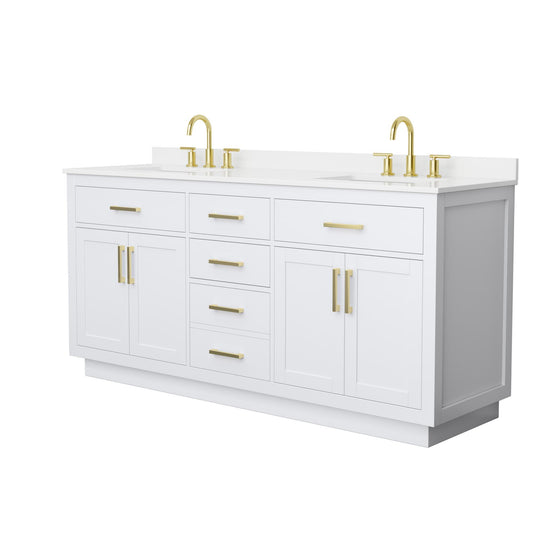 Wyndham Collection Beckett TK 72" Double Bathroom Vanity With Toe Kick in White, White Quartz Countertop, Undermount Square Sinks (3-Hole), Brushed Gold Trim