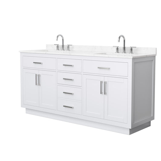 Wyndham Collection Beckett TK 72" Double Bathroom Vanity With Toe Kick in White, Carrara Cultured Marble Countertop, Undermount Square Sinks (3-Hole), Brushed Nickel Trim
