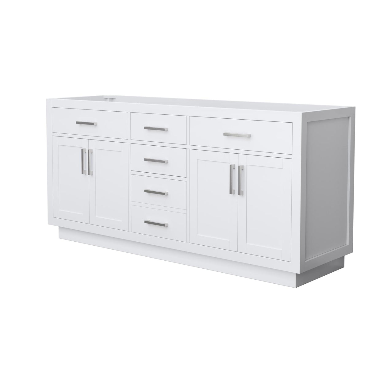 Wyndham Collection Beckett TK 72" Double Bathroom Vanity With Toe Kick in White, No Countertop, No Sinks, Brushed Nickel Trim
