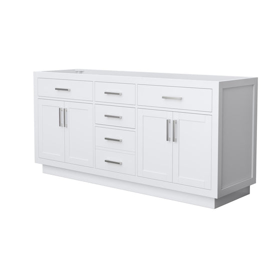 Wyndham Collection Beckett TK 72" Double Bathroom Vanity With Toe Kick in White, No Countertop, No Sinks, Brushed Nickel Trim