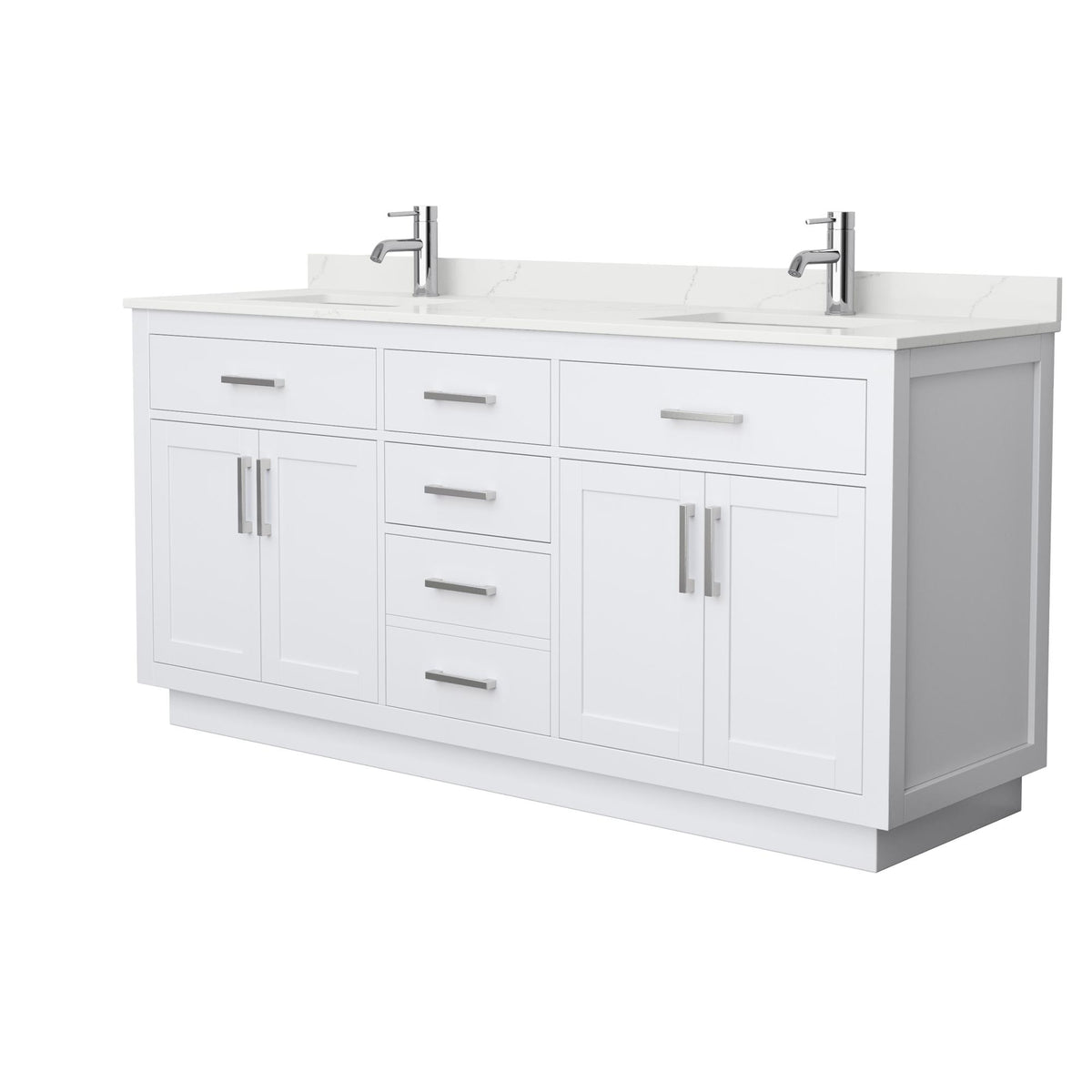 Wyndham Collection Beckett TK 72" Double Bathroom Vanity With Toe Kick in White, Giotto Quartz Countertop, Undermount Square Sinks (1-Hole), Brushed Nickel Trim