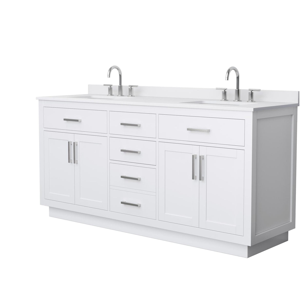 Wyndham Collection Beckett TK 72" Double Bathroom Vanity With Toe Kick in White, White Cultured Marble Countertop, Undermount Square Sinks (3-Hole), Brushed Nickel Trim