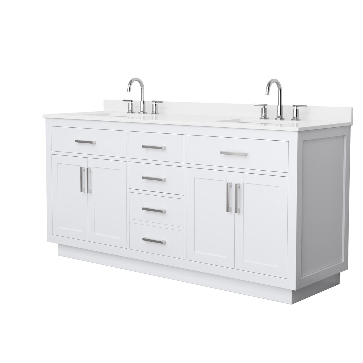Wyndham Collection Beckett TK 72" Double Bathroom Vanity With Toe Kick in White, White Quartz Countertop, Undermount Square Sinks (3-Hole), Brushed Nickel Trim