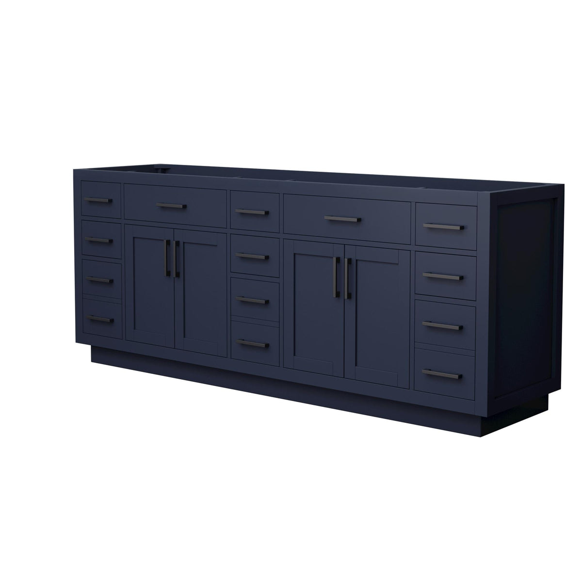 Wyndham Collection Beckett TK 84" Double Bathroom Vanity With Toe Kick in Dark Blue, No Countertop, No Sinks, Matte Black Trim