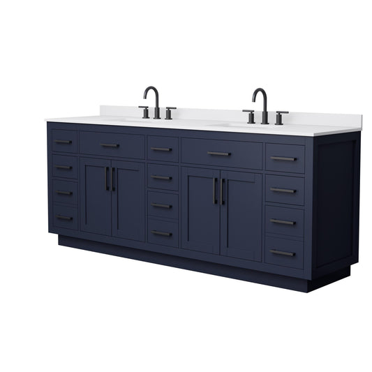 Wyndham Collection Beckett TK 84" Double Bathroom Vanity With Toe Kick in Dark Blue, White Cultured Marble Countertop, Undermount Square Sinks (3-Hole), Matte Black Trim