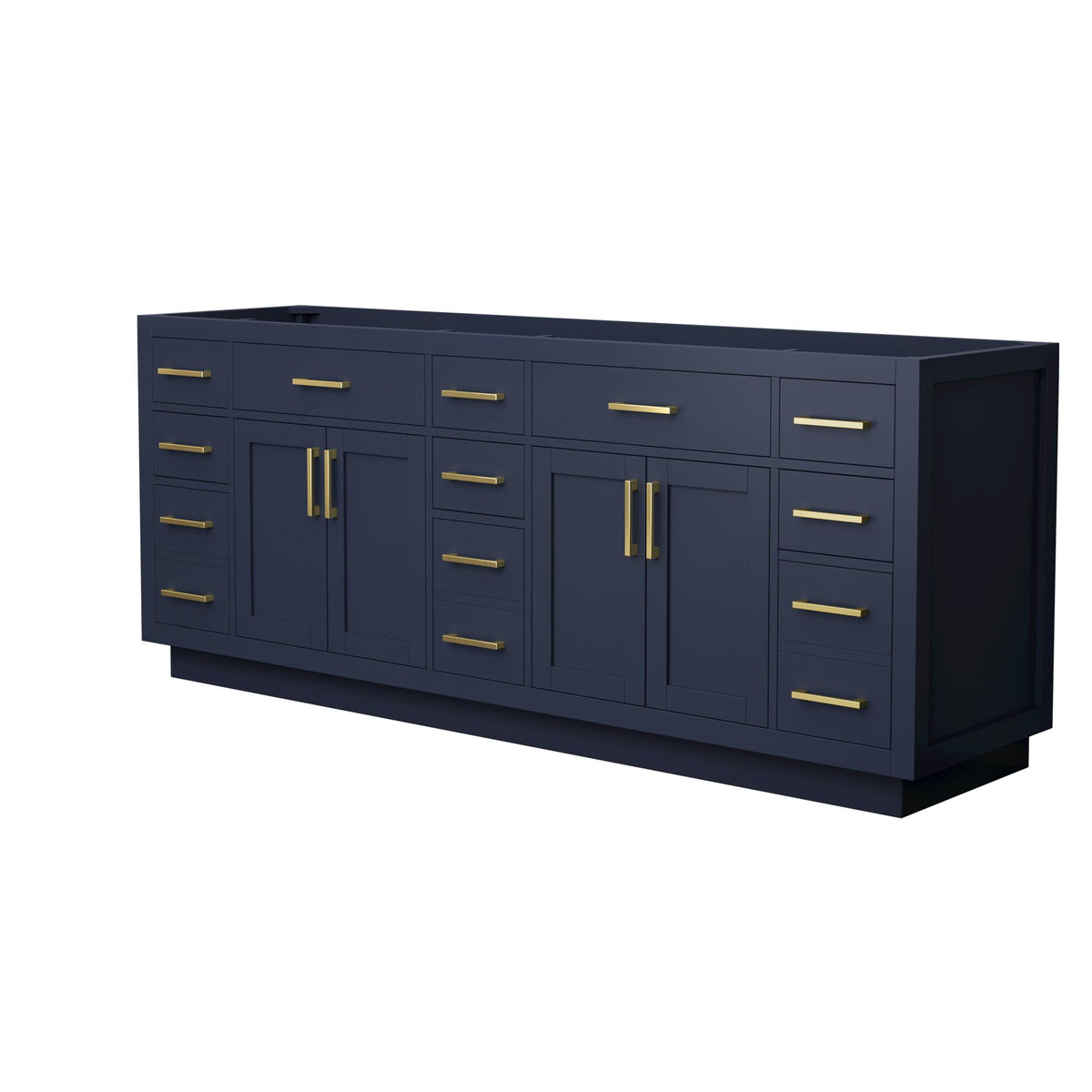 Wyndham Collection Beckett TK 84" Double Bathroom Vanity With Toe Kick in Dark Blue, No Countertop, No Sinks, Brushed Gold Trim