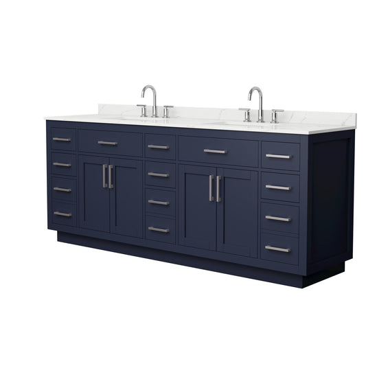 Wyndham Collection Beckett TK 84" Double Bathroom Vanity With Toe Kick in Dark Blue, Giotto Quartz Countertop, Undermount Square Sinks (3-Hole), Brushed Nickel Trim