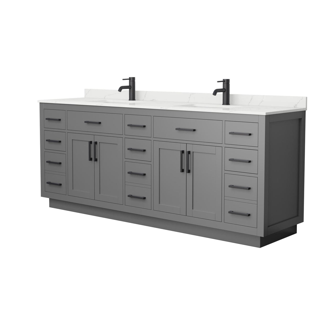 Wyndham Collection Beckett TK 84" Double Bathroom Vanity With Toe Kick in Dark Gray, Giotto Quartz Countertop, Undermount Square Sinks (1-Hole), Matte Black Trim