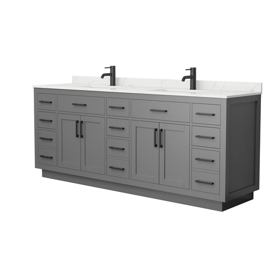Wyndham Collection Beckett TK 84" Double Bathroom Vanity With Toe Kick in Dark Gray, Giotto Quartz Countertop, Undermount Square Sinks (1-Hole), Matte Black Trim