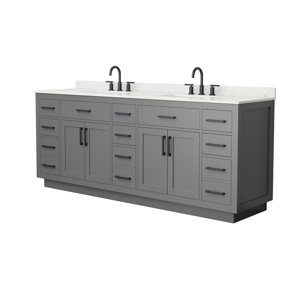 Wyndham Collection Beckett TK 84" Double Bathroom Vanity With Toe Kick in Dark Gray, Giotto Quartz Countertop, Undermount Square Sinks (3-Hole), Matte Black Trim