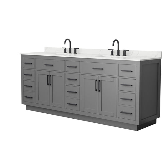 Wyndham Collection Beckett TK 84" Double Bathroom Vanity With Toe Kick in Dark Gray, Giotto Quartz Countertop, Undermount Square Sinks (3-Hole), Matte Black Trim