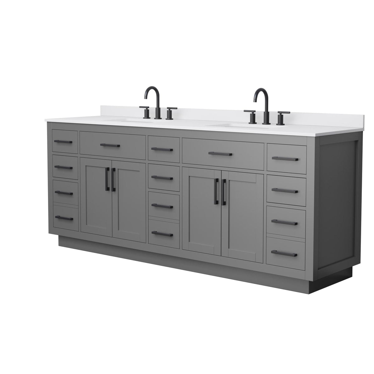 Wyndham Collection Beckett TK 84" Double Bathroom Vanity With Toe Kick in Dark Gray, White Cultured Marble Countertop, Undermount Square Sinks (3-Hole), Matte Black Trim