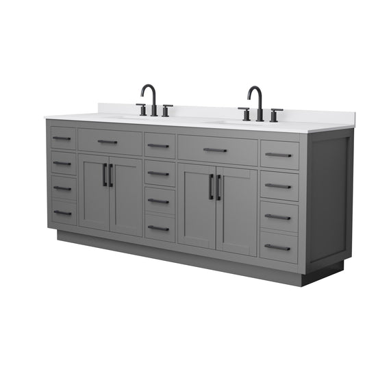 Wyndham Collection Beckett TK 84" Double Bathroom Vanity With Toe Kick in Dark Gray, White Cultured Marble Countertop, Undermount Square Sinks (3-Hole), Matte Black Trim