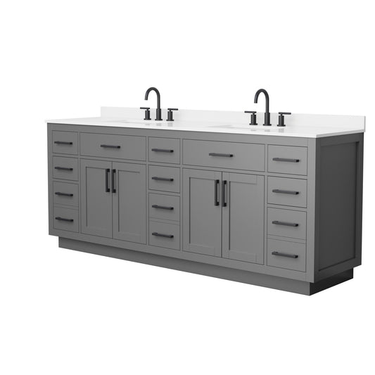 Wyndham Collection Beckett TK 84" Double Bathroom Vanity With Toe Kick in Dark Gray, White Quartz Countertop, Undermount Square Sinks (3-Hole), Matte Black Trim