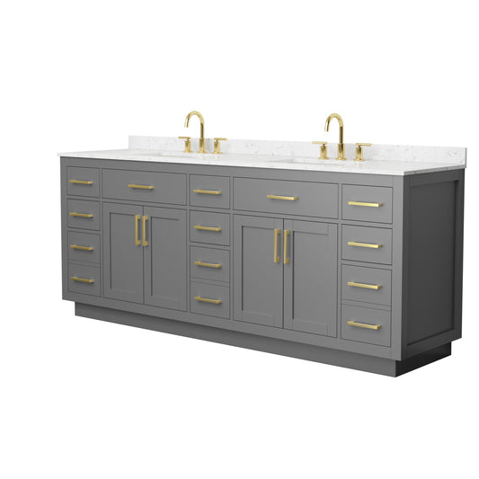 Wyndham Collection Beckett TK 84" Double Bathroom Vanity With Toe Kick in Dark Gray, Carrara Cultured Marble Countertop, Undermount Square Sinks (3-Hole), Brushed Gold Trim